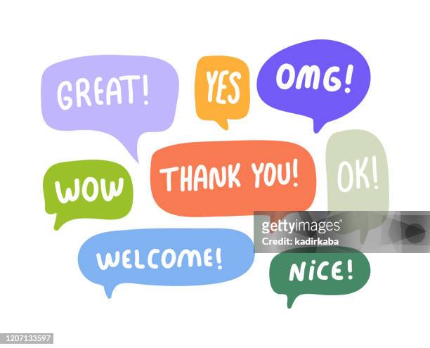 speech bubbles short phrases, great, yes, omg, wow, thank you, ok, welcome, nice - talking stock illustrations
