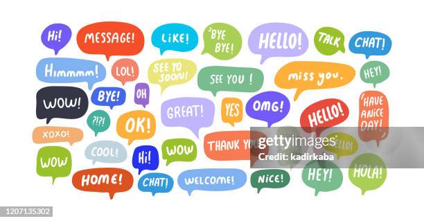 speech bubbles short phrases, great, message, thank you, bye, ok ,omg, wow, xoxo, oh, nope, hello, nice, yes - bubble stock illustrations