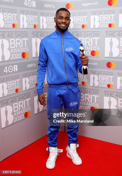 Dave, winner of the Mastercard Album of The Year, poses in the winners room at The BRIT Awards 2020 at The O2 Arena on February 18, 2020 in London,...