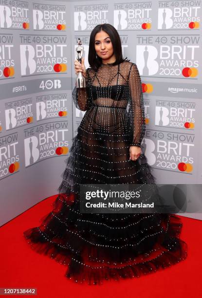 Mabel, winner of the Female Solo Artist award poses in the winners rooms at The BRIT Awards 2020 at The O2 Arena on February 18, 2020 in London,...