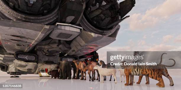 spaceship ark with line of animals two by two - ark stock-fotos und bilder