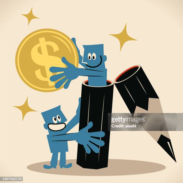 ilustrações de stock, clip art, desenhos animados e ícones de blue man (editor, writer) holds a big pencil that another man comes out of it and giving him money, concept of royalty, writing articles for magazines, journals or content-hungry businesses - nicho