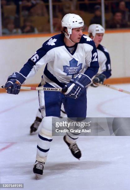 Barry Melrose of the Toronto Maple Leafs skates against the Los Angeles Kings during NHL game action on January 9, 1982 at Maple Leaf Gardens in...
