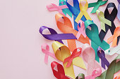 colorful ribbons on pink background, cancer awareness, World cancer day