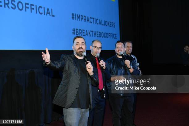 Brian Quinn, James Murray, Sal Vulcano, and Joseph Gatto speak during the Impractical Jokers: The Movie Premiere Screening and Party on February 18,...