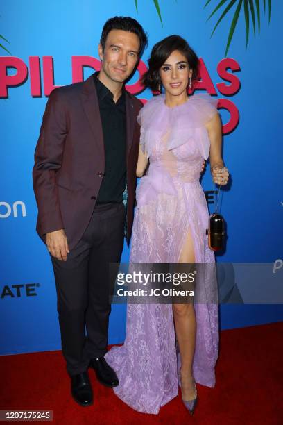 Recording artist Leonardo de Lozanne and actress Sandra Echeverria attend premiere of "Las Pildoras De Mi Novio" at ArcLight Hollywood on February...