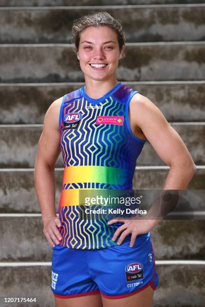 Ellie Blackburn of the Western Bulldogs poses during the AFLW Pride Round Media Opportunity at Whitten Oval on February 19, 2020 in Melbourne,...