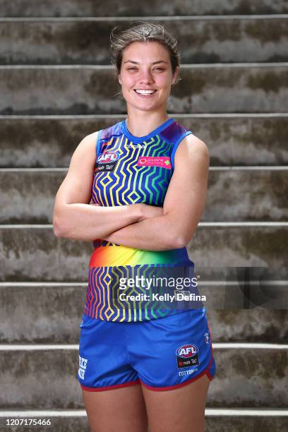 Ellie Blackburn of the Western Bulldogs poses during the AFLW Pride Round Media Opportunity at Whitten Oval on February 19, 2020 in Melbourne,...