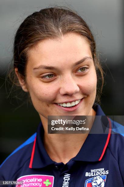 Ellie Blackburn of the Western Bulldogs speaks to media during the AFLW Pride Round Media Opportunity at Whitten Oval on February 19, 2020 in...