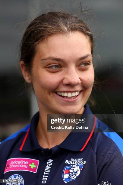 Ellie Blackburn of the Western Bulldogs speaks to media during the AFLW Pride Round Media Opportunity at Whitten Oval on February 19, 2020 in...