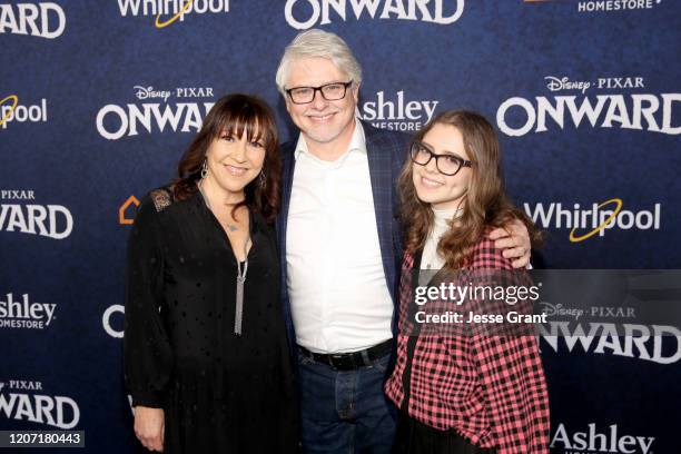 Crissy Guerrero, Dave Foley, and Alina Foley attend the world premiere of Disney and Pixar's ONWARD at the El Capitan Theatre on February 18, 2020 in...
