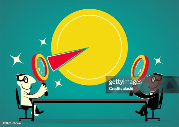 ilustrações de stock, clip art, desenhos animados e ícones de two smiling entrepreneur businessmen sitting at the conference table and looking at a pie chart with magnifying glass, mass market and niche market or emerging market - nicho