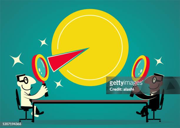 two smiling entrepreneur businessmen sitting at the conference table and looking at a pie chart with magnifying glass, mass market and niche market or emerging market - mass unit of measurement stock illustrations