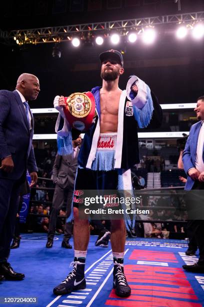 Caleb Plant of United States poses with his championship belt after defeating Vincent Feigenbutz of Germany in their IBF world super middleweight...