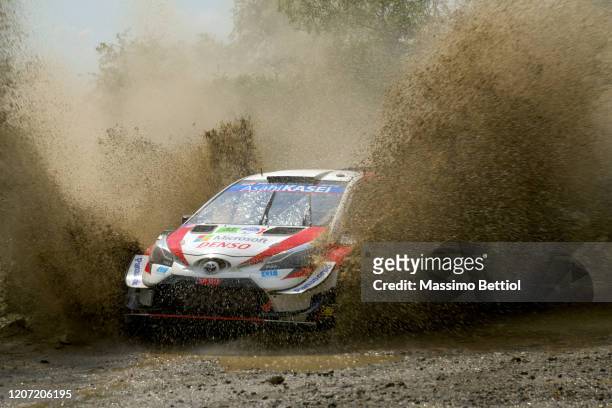 Elfyn Evans of Great Britain and Scott Martin of Great Britain compete with their Toyota Gazoo Racing WRT Toyota Yaris WRC during FIA World Rally...