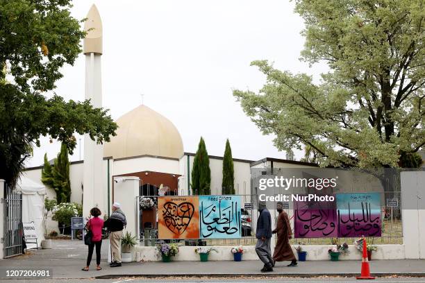 Members of the Muslim community arrive at the Al Noor mosque in Christchurch, New Zealand on March 15, 2020. On March 15 last year, 51 people died...