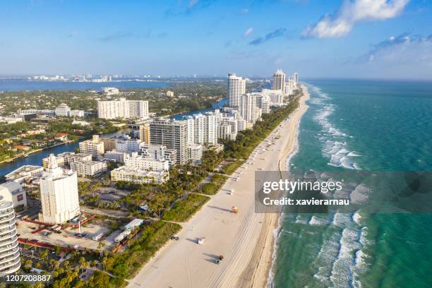 aerial view of miami beach at sunrise, florida, usa - riviera hotel stock pictures, royalty-free photos & images