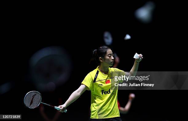 Wang Shixian of China prepares to serve to Linda Zechiri of Bulgaria during day two of the BWF World Badminton Championships and LOCOG Test Event for...
