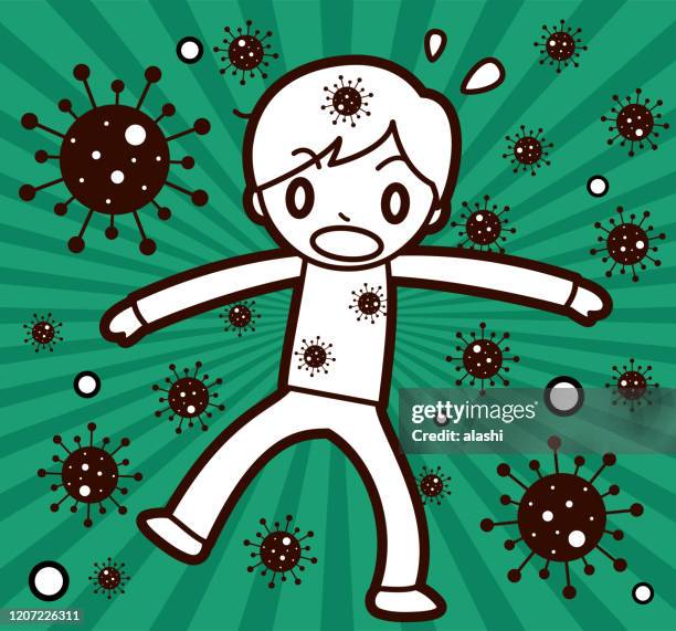 school boy is infected with the coronavirus (flu, influenza, bacterium, virus) - headache child stock illustrations