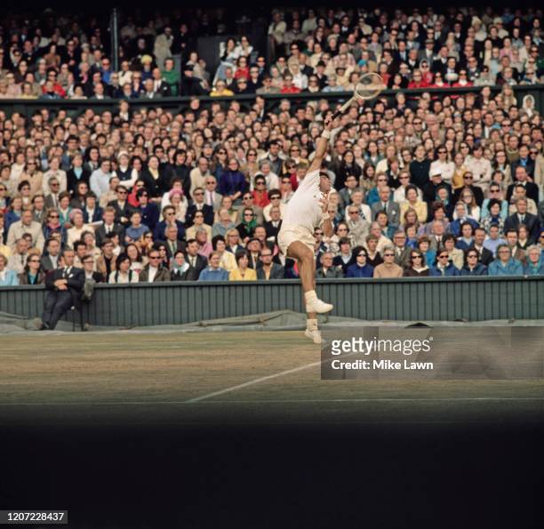 Australian professional tennis player Ken Rosewall in action against Roger Taylor of Great Britain in the Men's Singles semifinal of the 1970...