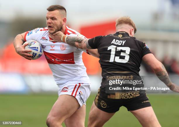 Hull KR's Kyle Trout is tackled by Leigh Centurions' Danny Addy during the Coral Challenge Cup, fifth round match at Craven Park, Hull.