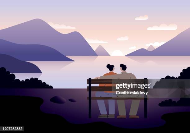 couple watching sunset - park bench stock illustrations