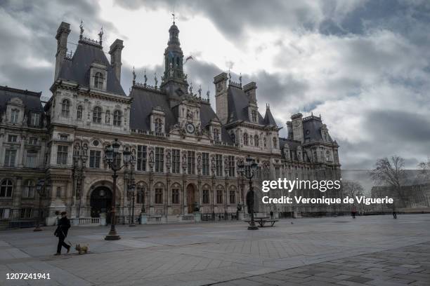 Deserted Hotel de Ville on March 15, 2020 in Paris, France. French President Emmanuel Macron has declared a ban on all gathering of more than 100...