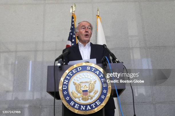 Senator Ed Markey holds a press conference in the lobby of the JFK Building in Boston on March 15, 2020. Senator Edward J. Markey called Sunday for a...