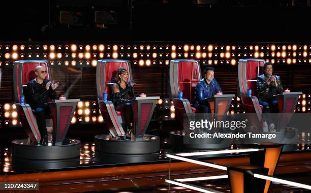 Wisin, Alejandra Guzman, Luis Fonsi and Carlos Vives are seen on stage during Telemundo's "La Voz" Batallas Round 2 at Cisneros Studios on March 15,...