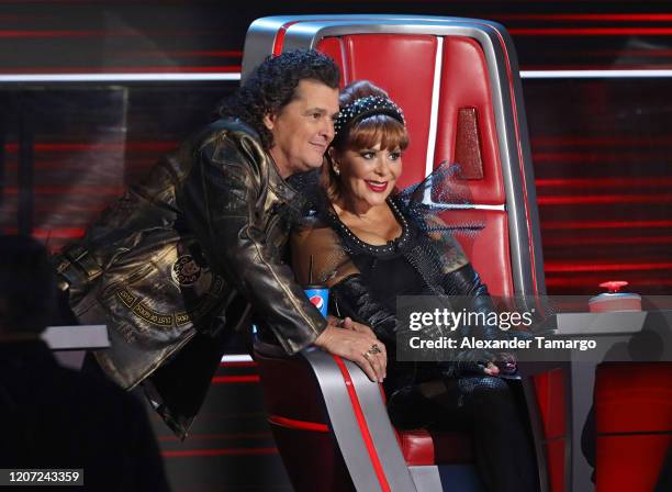 Carlos Vives and Alejandra Guzman are seen on stage during Telemundo's "La Voz" Batallas Round 2 at Cisneros Studios on March 15, 2020 in Miami,...