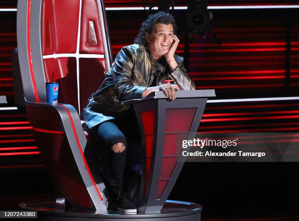 Carlos Vives is seen on stage during Telemundo's "La Voz" Batallas Round 2 at Cisneros Studios on March 15, 2020 in Miami, Florida.