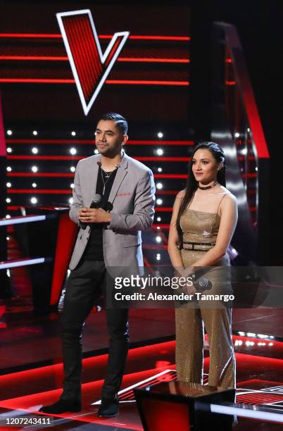 Alonso Garcia and Tiffany Galaviz are seen performing on stage during Telemundo's "La Voz" Batallas Round 2 at Cisneros Studios on March 15, 2020 in...