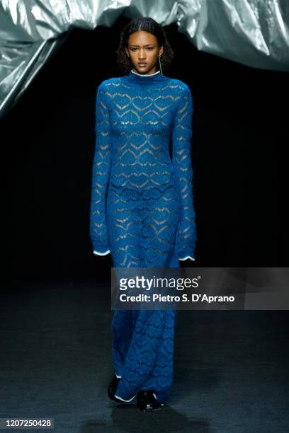 Model walks the runway during the Marco Rambaldi fashion show as part of Milan Fashion Week Fall/Winter 2020-2021 on February 19, 2020 in Milan,...