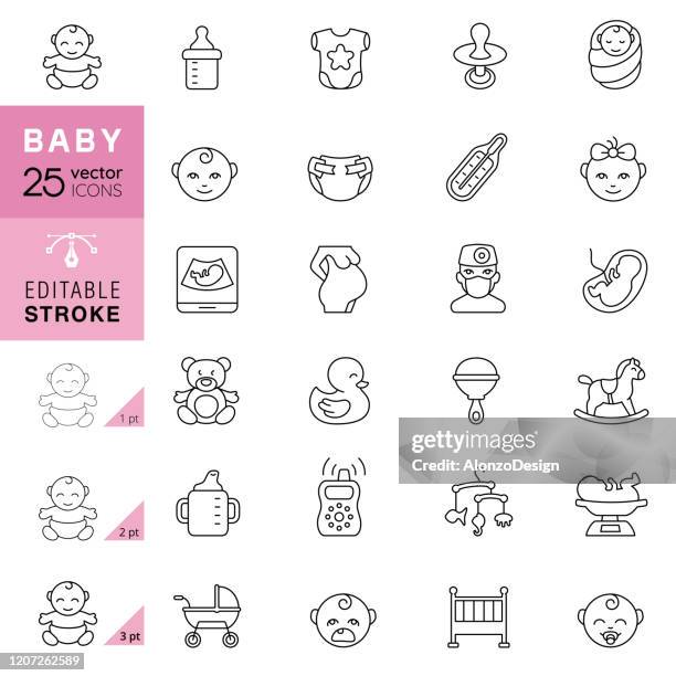 baby line icons. editable stroke. - baby eating toy stock illustrations