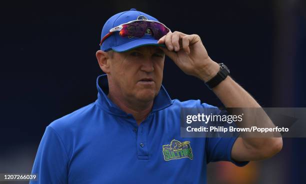 Andy Flower, the Multan Sultans coach looks on before the T20 match between Multan Sultans and the MCC at Aitchison College on February 19, 2020 in...