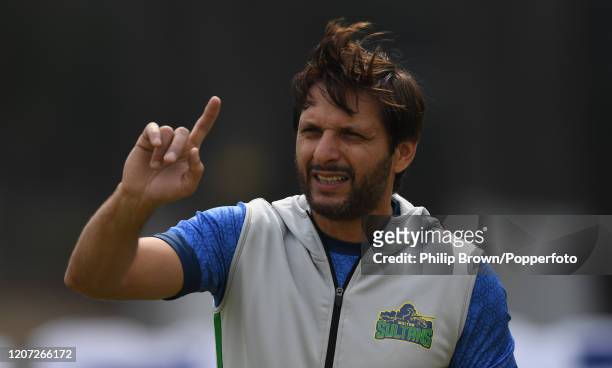 Shahid Afridi of the Multan Sultans looks on before the T20 match between Multan Sultans and the MCC at Aitchison College on February 19, 2020 in...