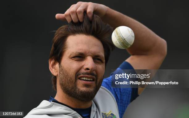 Shahid Afridi of the Multan Sultans looks on before the T20 match between Multan Sultans and the MCC at Aitchison College on February 19, 2020 in...