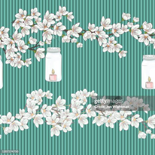 ilustrações de stock, clip art, desenhos animados e ícones de cherry blossom branches seamless pattern - candle white background