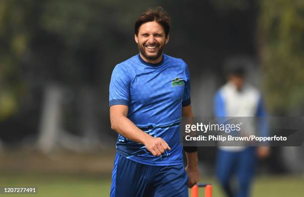 Shahid Afridi of Multan Sultans reacts during the T20 match between Multan Sultans and the MCC at Aitchison College on February 19, 2020 in Lahore,...