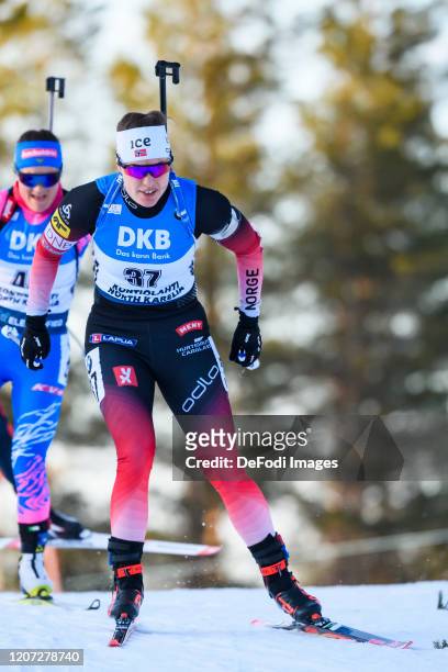 Synnoeve Solemdal of Norway in action competes during the Women 10 km Pursuit Competition at the BMW IBU World Cup Biathlon Kontiolahti at on March...