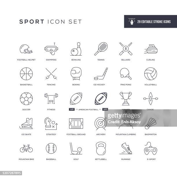 illustrazioni stock, clip art, cartoni animati e icone di tendenza di icone della linea del tratto modificabile sport - sport venue