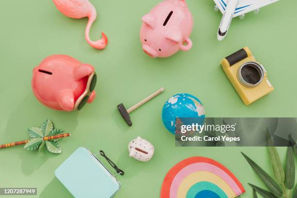 vacation travel and holidays piggy bank - happy piggy bank stock pictures, royalty-free photos & images