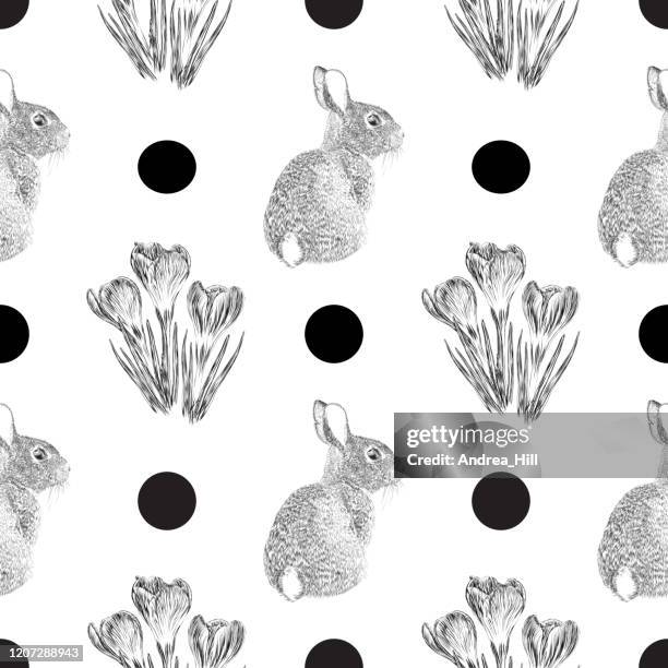 stockillustraties, clipart, cartoons en iconen met crocus bloemen en paashaas pen en inkt vector naadloos patroon - konijntje