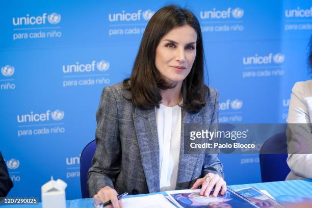 Queen Letizia Of Spain attends a meeting at UNICEF Headquarters on February 19, 2020 in Madrid, Spain.