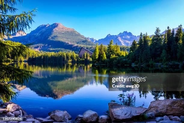 summer holiday morning at the strbske pleso mountain lake, slovakia - traditionally slovak stock pictures, royalty-free photos & images