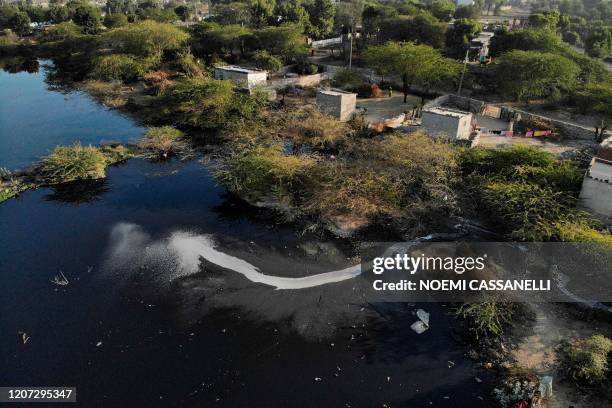 An aerial picture taken on December 30, 2019 shows waste from textile factories released inside a river in Sanganer village on the outskirts of...