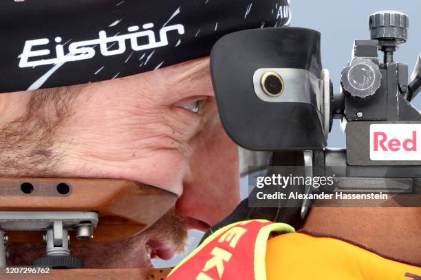 Dominik Landertinger of Austria competes during the Men 20 km Individual Competition at the IBU World Championships Biathlon Antholz-Anterselva on...