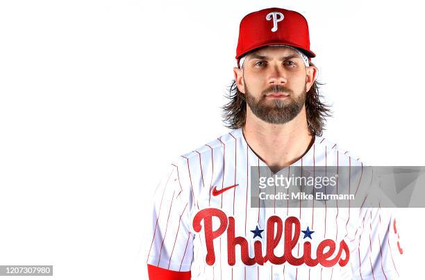 Bryce Harper of the Philadelphia Phillies poses for a portrait during photo day at Spectrum Field on February 19, 2020 in Clearwater, Florida.