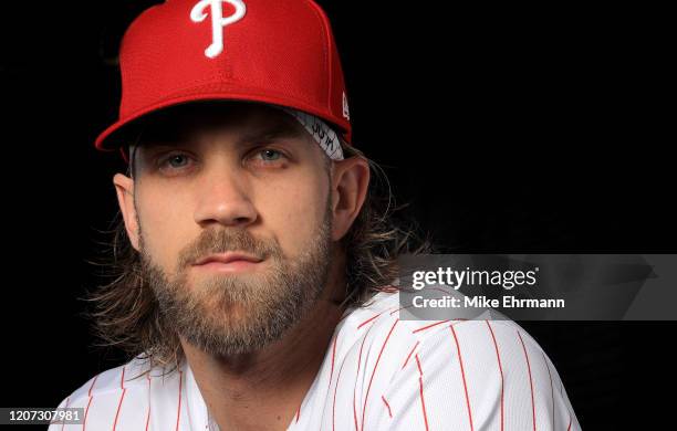 Bryce Harper of the Philadelphia Phillies poses for a portrait during photo day at Spectrum Field on February 19, 2020 in Clearwater, Florida.