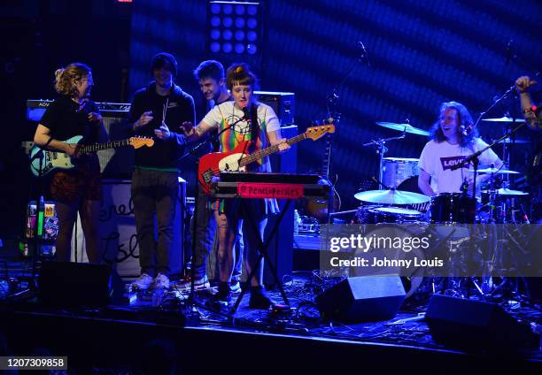 Braeden Lemasters, Dylan Minnette and Cole Preston of Wallows surprised Jack Sowton with a birthday cake during Becky Redford, Lily Wolter, Jack...